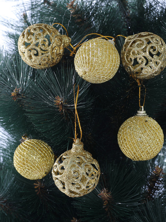 Set of 6 Golden Glitter Hanging Ball Ornaments