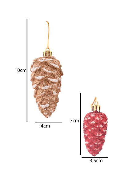 10 Pcs Brown & Red Glitter Pinecone Ornaments