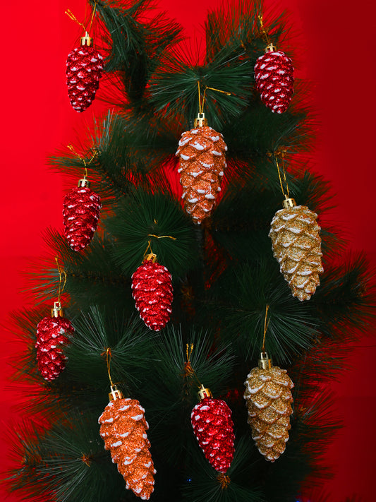10 Pcs Brown & Red Glitter Pinecone Ornaments