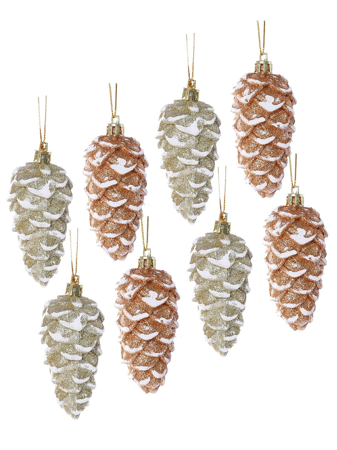 Set Of 8 White Glitter Pinecone Ornaments Hangings