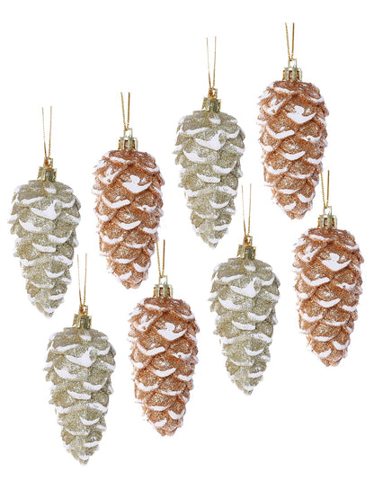 Set Of 8 White Glitter Pinecone Ornaments Hangings