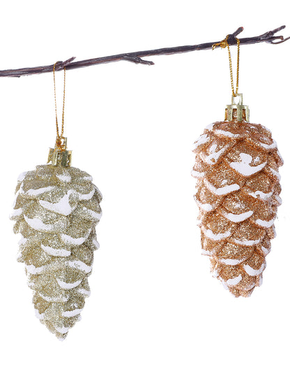 Set Of 8 White Glitter Pinecone Ornaments Hangings