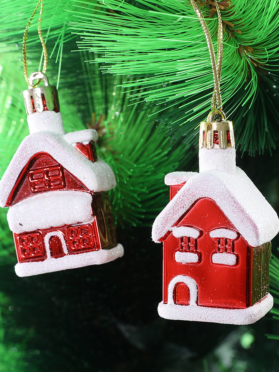 Set of 4 Red Snowy Holiday Home Ornaments