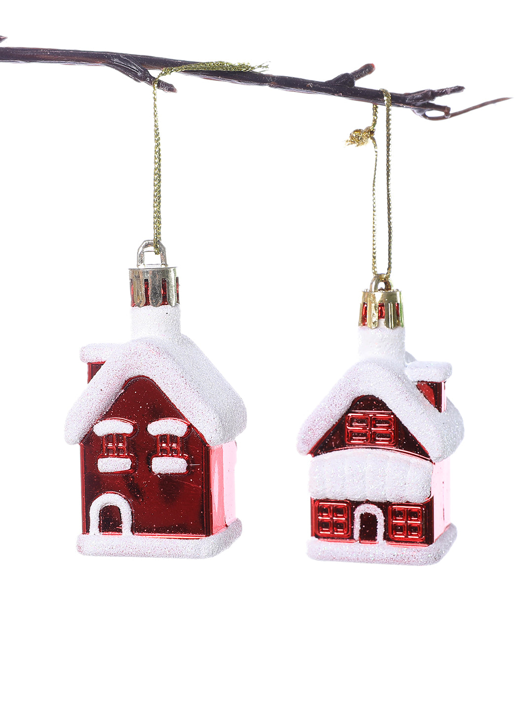 Set of 4 Red Snowy Holiday Home Ornaments