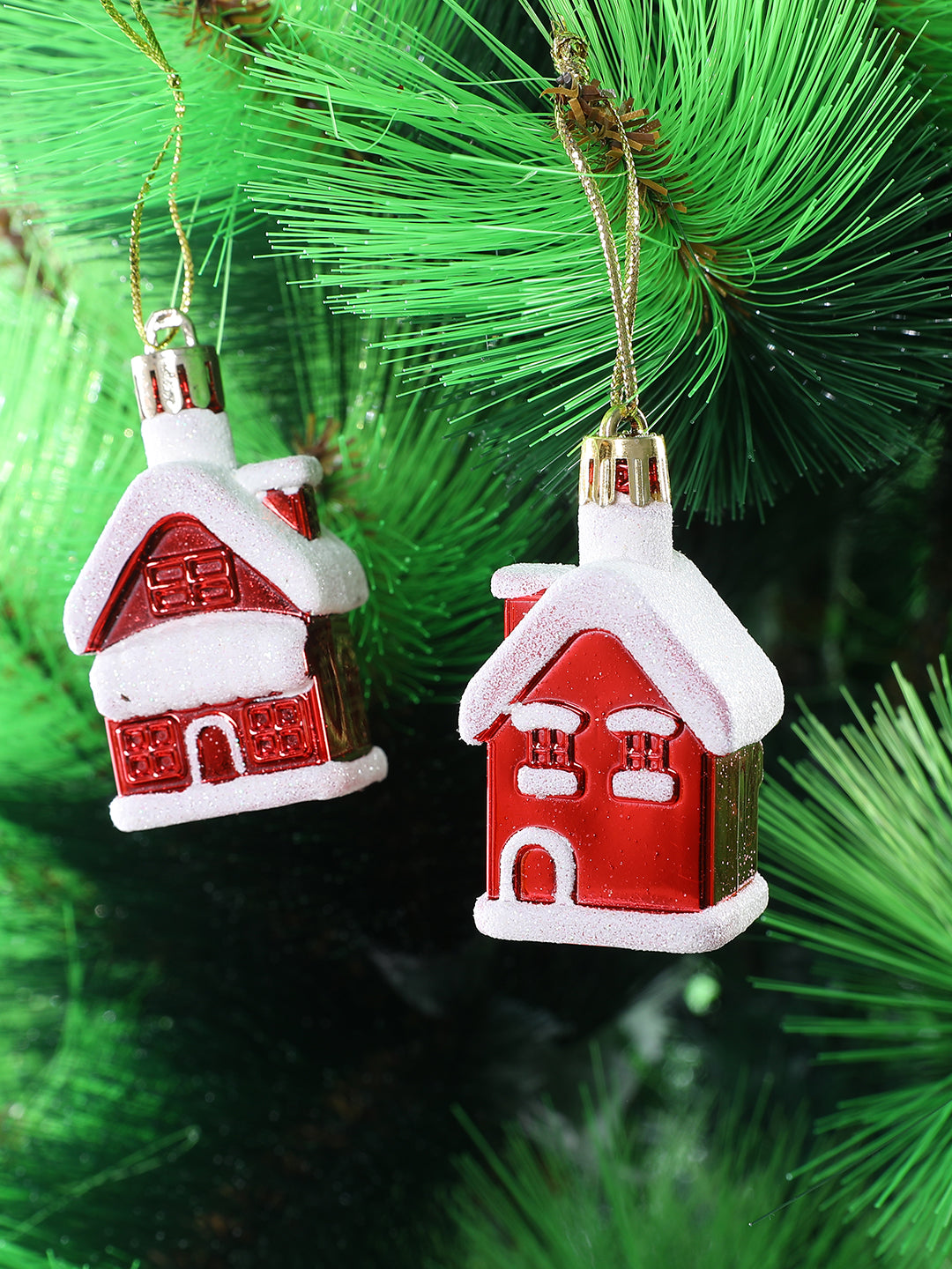 Set of 4 Red Snowy Holiday Home Ornaments