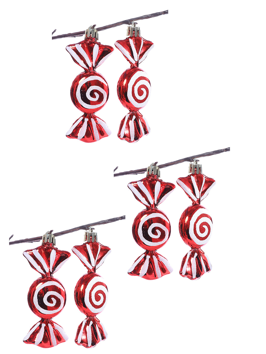 Set Of 6 Red & White Candy Cane Swirl Baubles Hangings