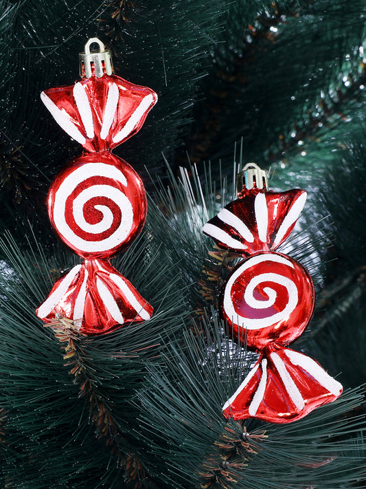 Set Of 6 Red & White Candy Cane Swirl Baubles Hangings