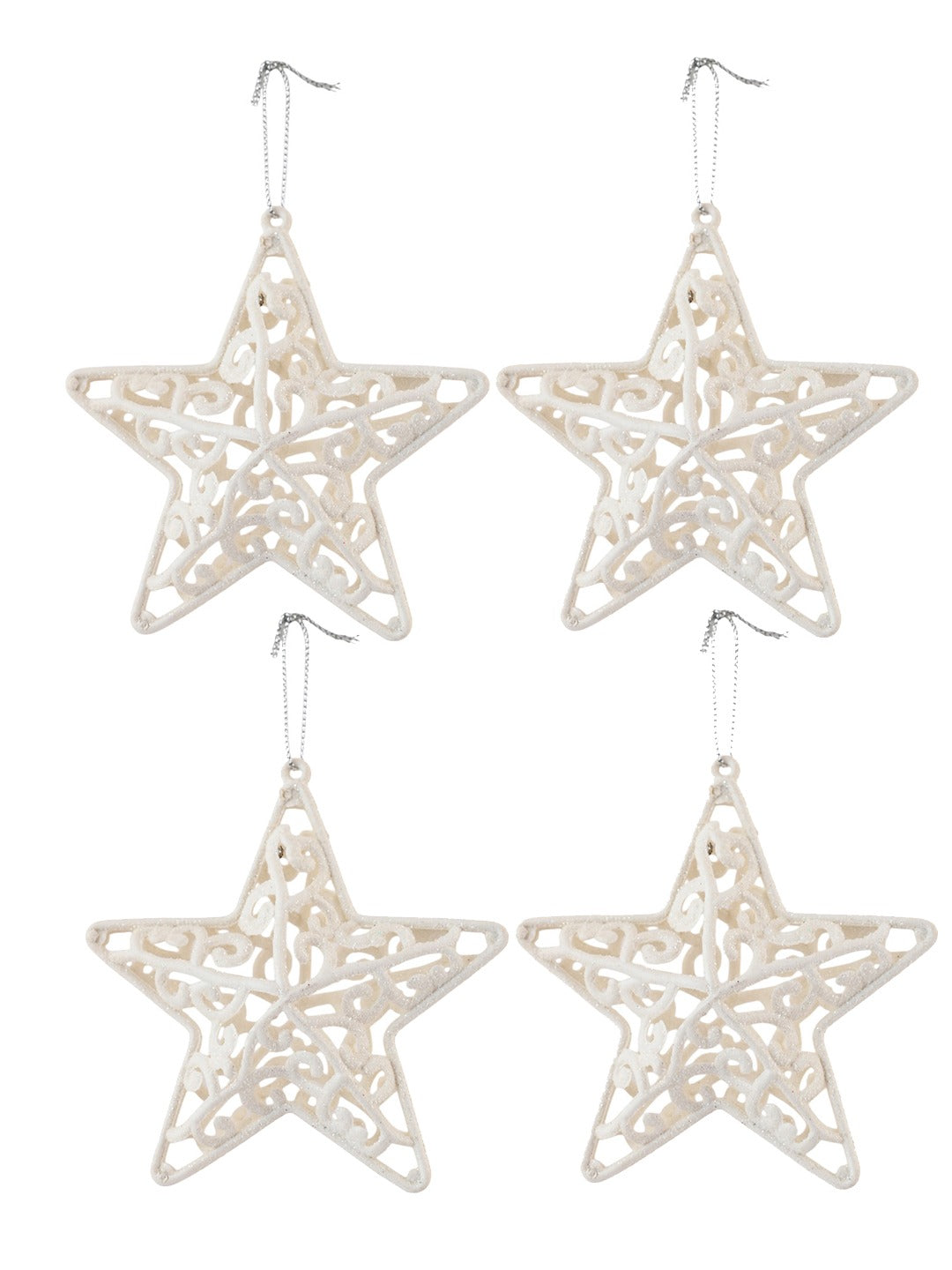Set Of 4 White Patterned Star Ornaments