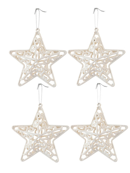 Set Of 4 White Patterned Star Ornaments
