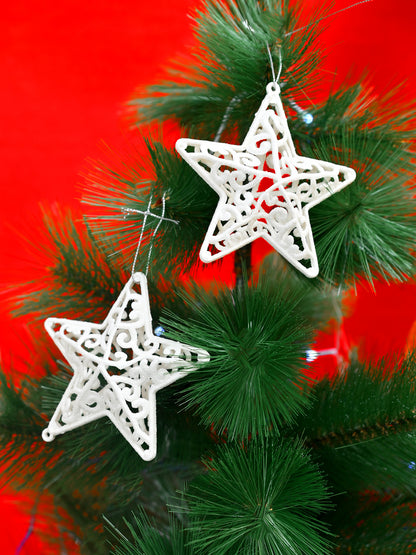 Set Of 4 White Patterned Star Ornaments