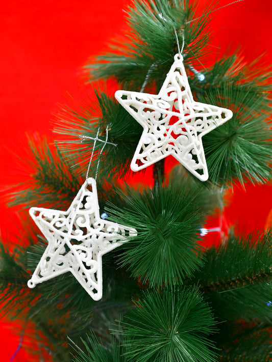 Set Of 4 White Patterned Star Ornaments