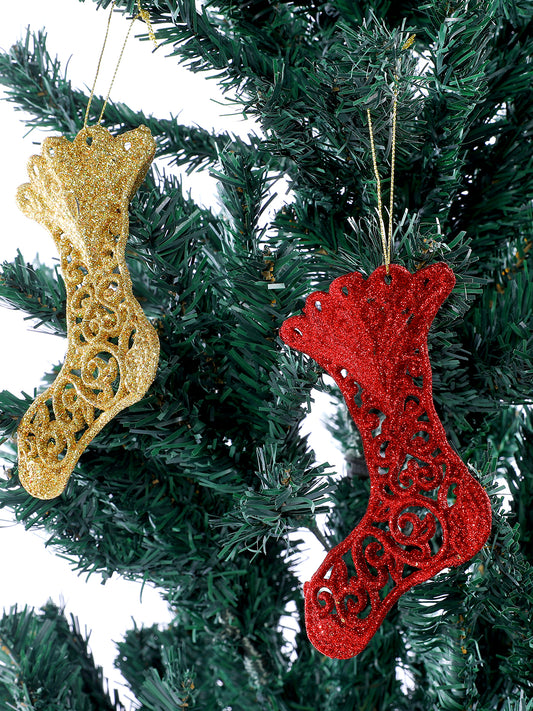 Set of 2 Shiny Red and Gold Stocking Ornaments