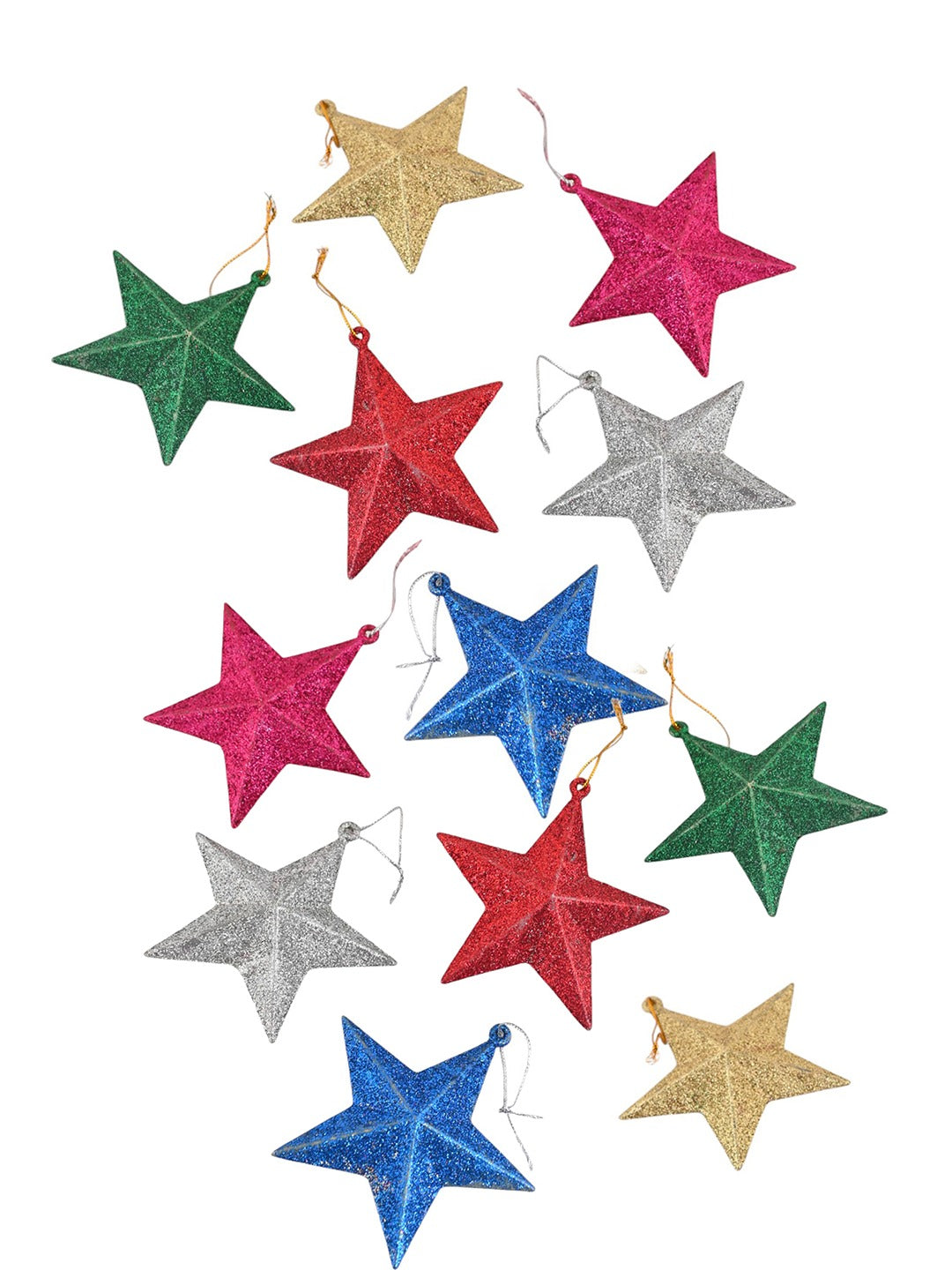 Set Of 12 Blue & Red  Shiny Star Ornaments