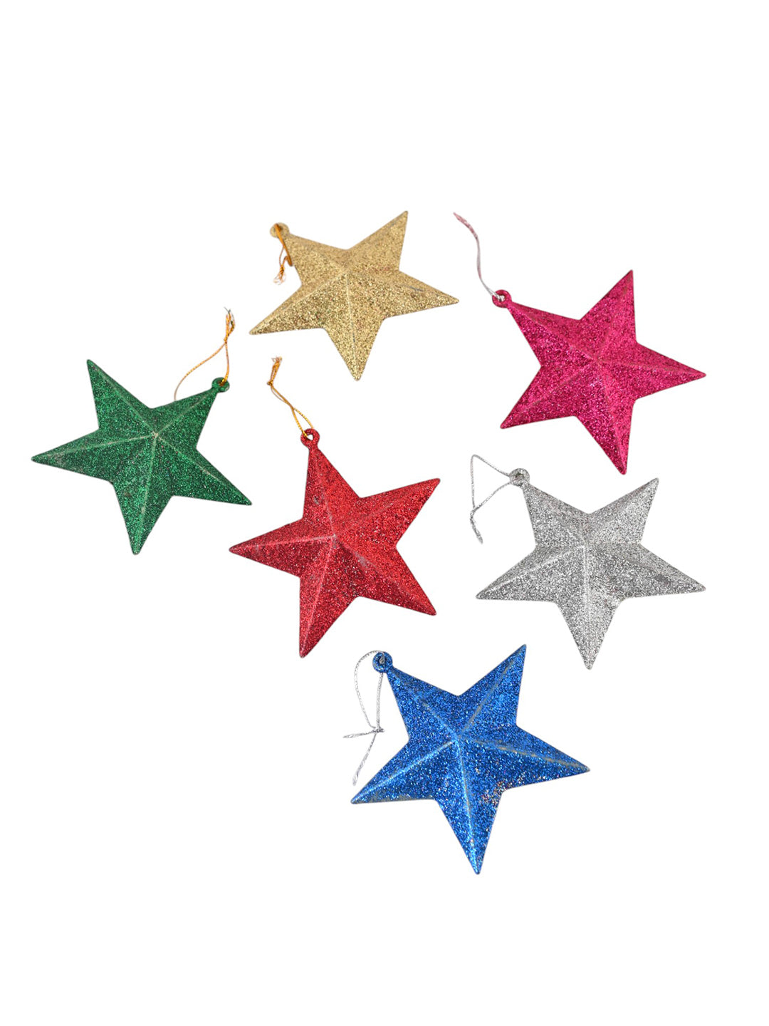 Set Of 12 Blue & Red  Shiny Star Ornaments
