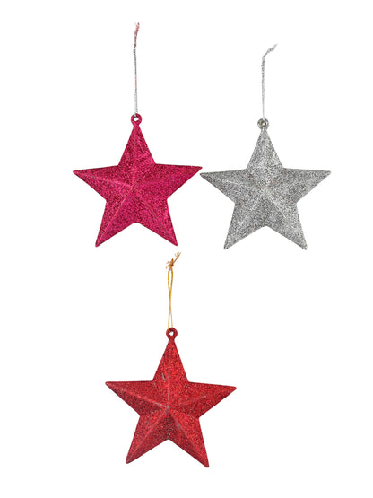 Set Of 12 Blue & Red  Shiny Star Ornaments