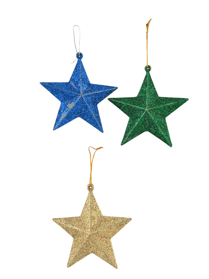 Set Of 12 Blue & Red  Shiny Star Ornaments