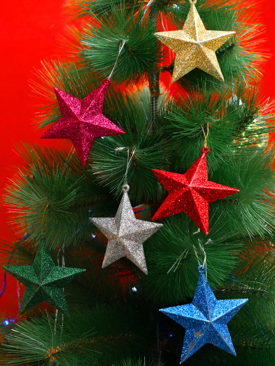 Set Of 12 Blue & Red  Shiny Star Ornaments