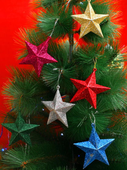 Set Of 12 Blue & Red  Shiny Star Ornaments
