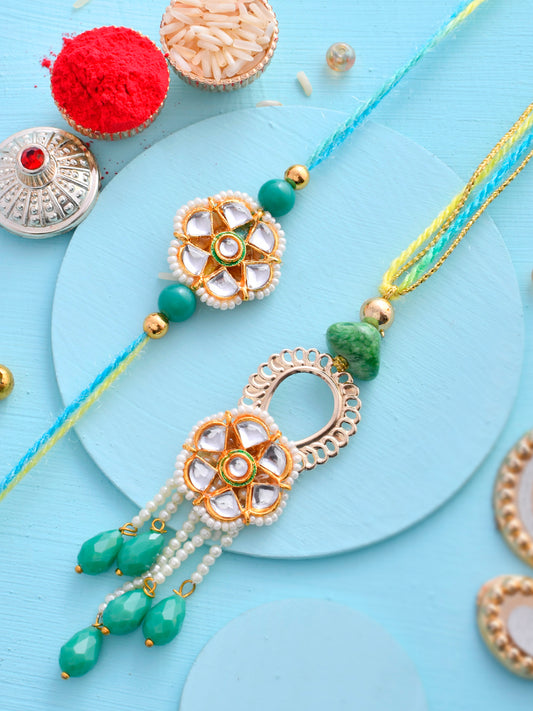 Exquisite Kundan Crafted & Pearl Hanging Bhaiya Bhabhi Rakhi Set with a Beautiful Box