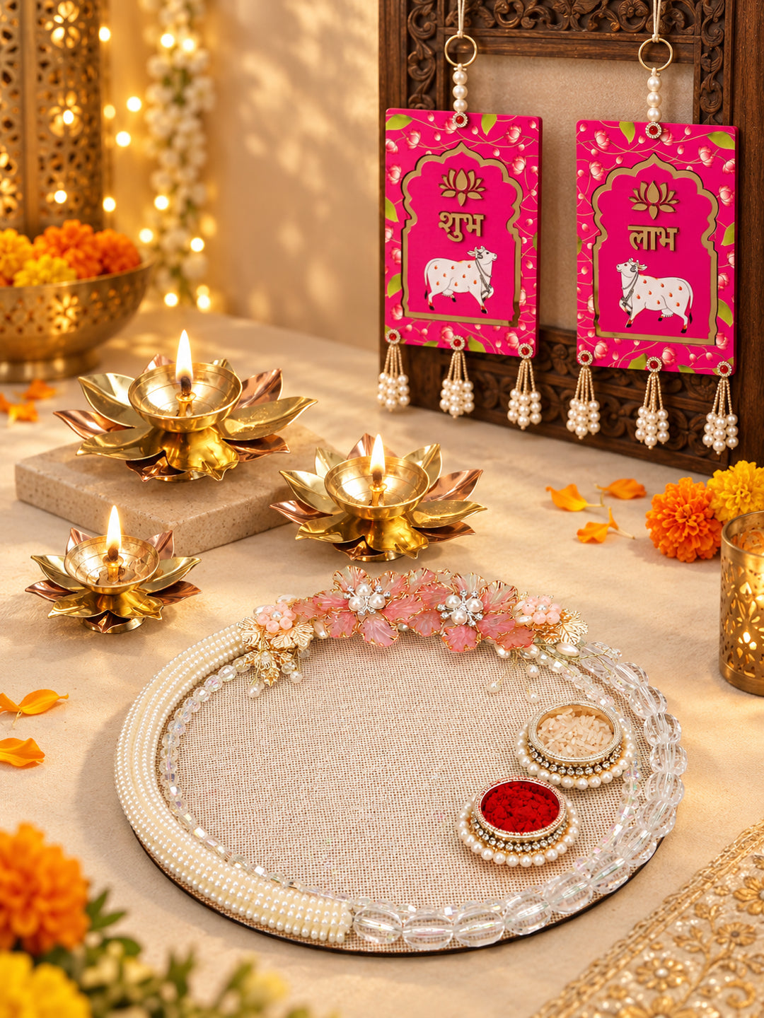 Auspicious Handcrafted Diwali Pooja Thali with 2 Decorative Diyas & Shubh Labh Diwali Hamper