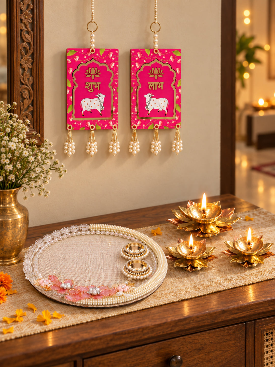 Auspicious Handcrafted Diwali Pooja Thali with 2 Decorative Diyas & Shubh Labh Diwali Hamper