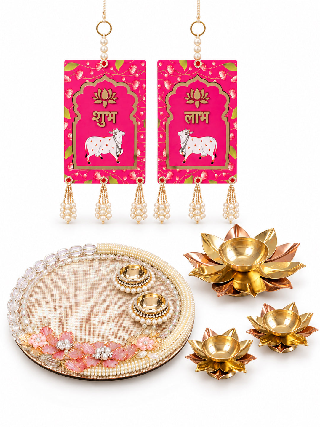 Auspicious Handcrafted Diwali Pooja Thali with 2 Decorative Diyas & Shubh Labh Diwali Hamper