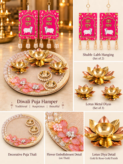 Auspicious Handcrafted Diwali Pooja Thali with 2 Decorative Diyas & Shubh Labh Diwali Hamper