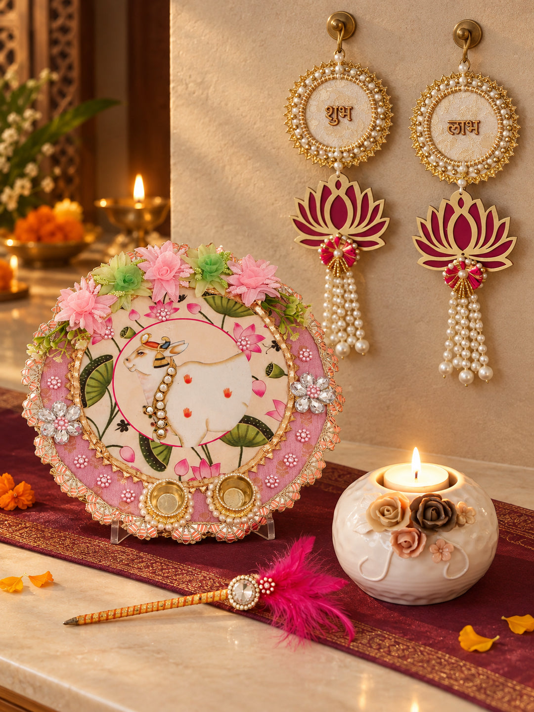 Decorative Shubh Labh Pooja Hamper with Floral Puja Thali and Tealight Holder Diwali Hamper