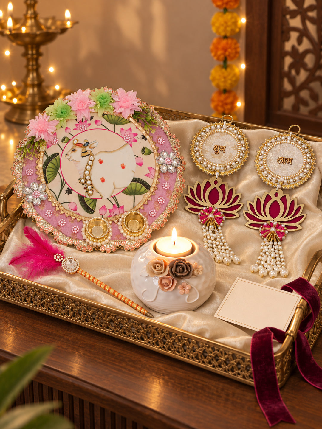 Decorative Shubh Labh Pooja Hamper with Floral Puja Thali and Tealight Holder Diwali Hamper