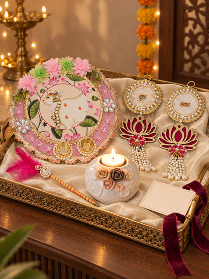 Decorative Shubh Labh Pooja Hamper with Floral Puja Thali and Tealight Holder Diwali Hamper