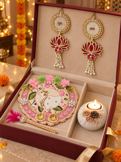 Decorative Shubh Labh Pooja Hamper with Floral Puja Thali and Tealight Holder Diwali Hamper