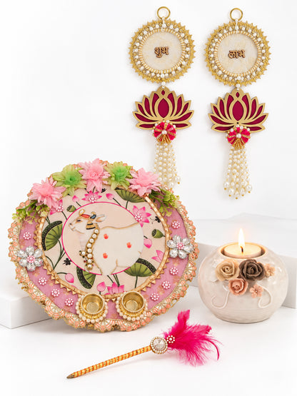 Decorative Shubh Labh Pooja Hamper with Floral Puja Thali and Tealight Holder Diwali Hamper