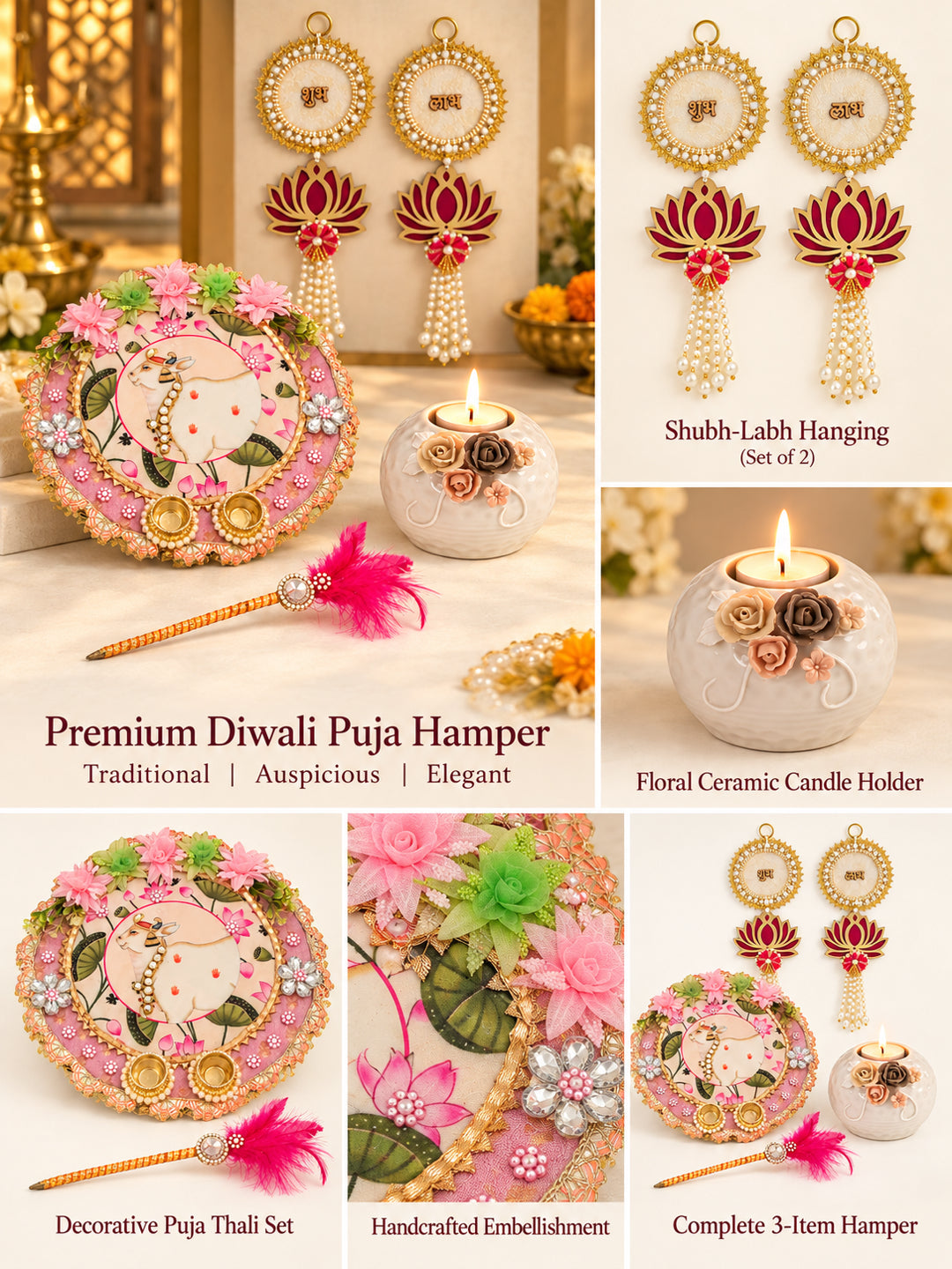 Decorative Shubh Labh Pooja Hamper with Floral Puja Thali and Tealight Holder Diwali Hamper