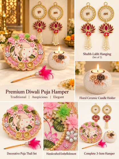 Decorative Shubh Labh Pooja Hamper with Floral Puja Thali and Tealight Holder Diwali Hamper