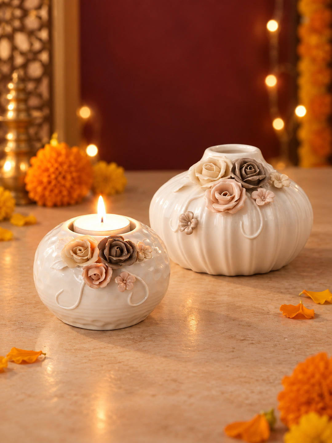 Handcrafted White Ceramic Flower Vase and Matching Tealight Candle Holder Set Diwali Hamper