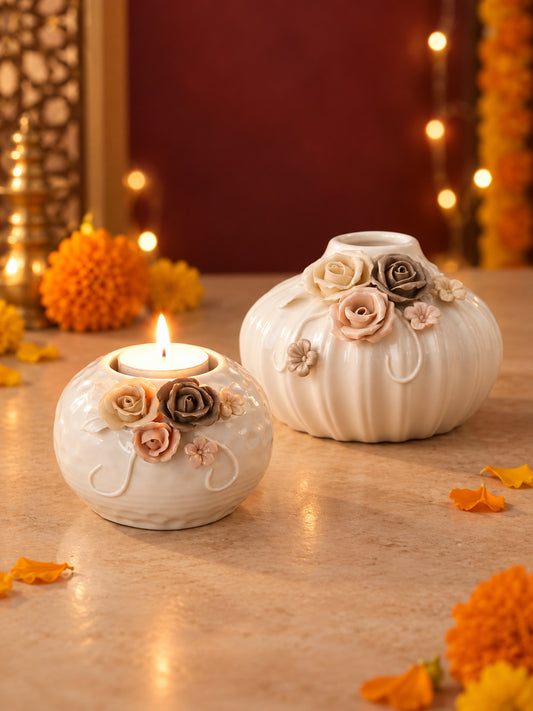 Handcrafted White Ceramic Flower Vase and Matching Tealight Candle Holder Set Diwali Hamper