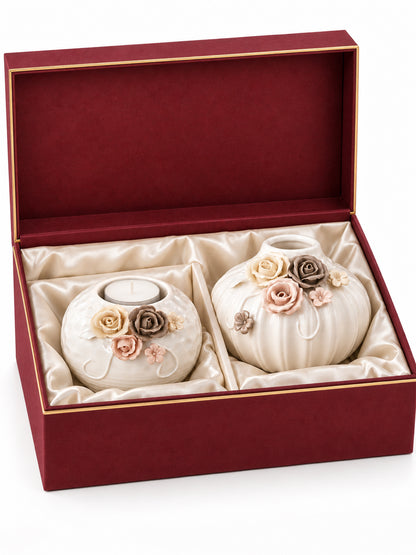 Handcrafted White Ceramic Flower Vase and Matching Tealight Candle Holder Set Diwali Hamper