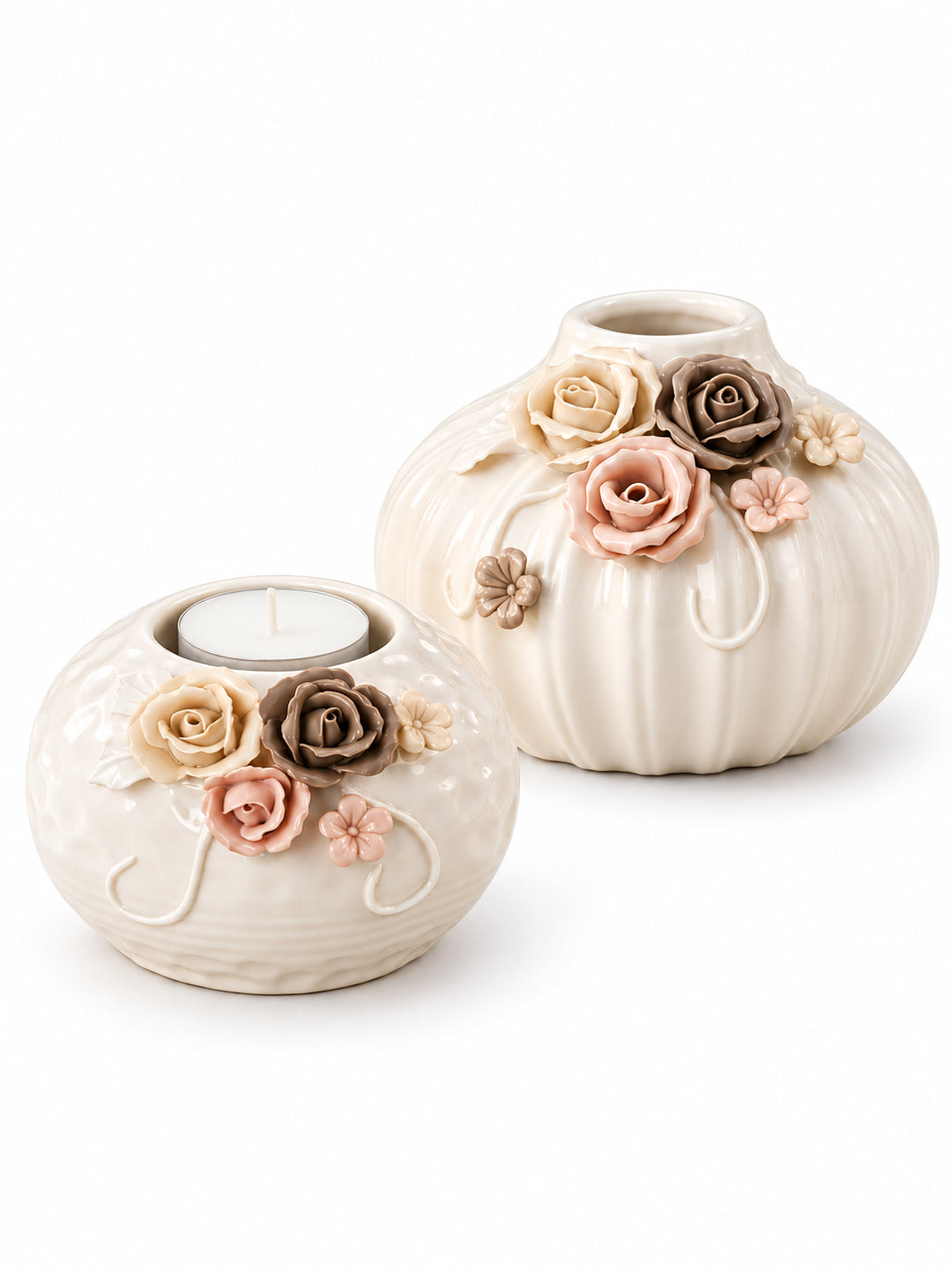 Handcrafted White Ceramic Flower Vase and Matching Tealight Candle Holder Set Diwali Hamper