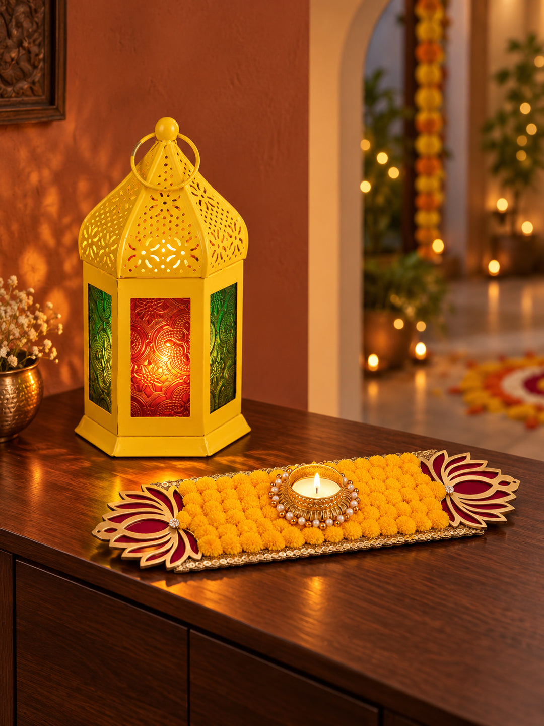 Festive Yellow Metal Hanging Lantern Lamp with Ethnic Embroidered Table Runner Diwali Hamper