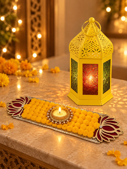 Festive Yellow Metal Hanging Lantern Lamp with Ethnic Embroidered Table Runner Diwali Hamper
