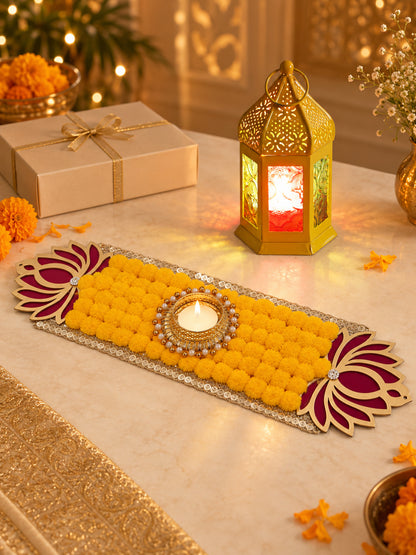 Festive Yellow Metal Hanging Lantern Lamp with Ethnic Embroidered Table Runner Diwali Hamper