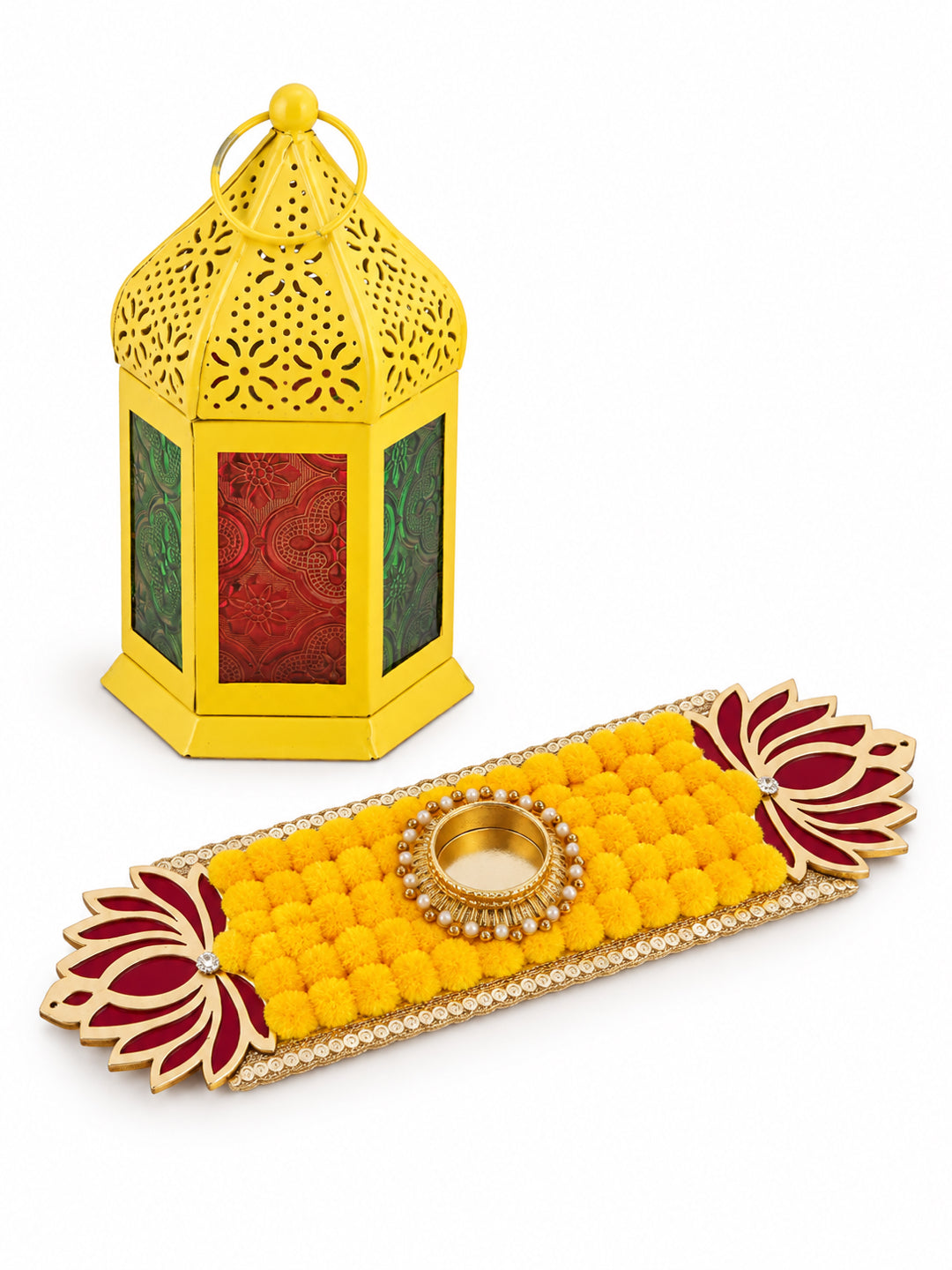 Festive Yellow Metal Hanging Lantern Lamp with Ethnic Embroidered Table Runner Diwali Hamper