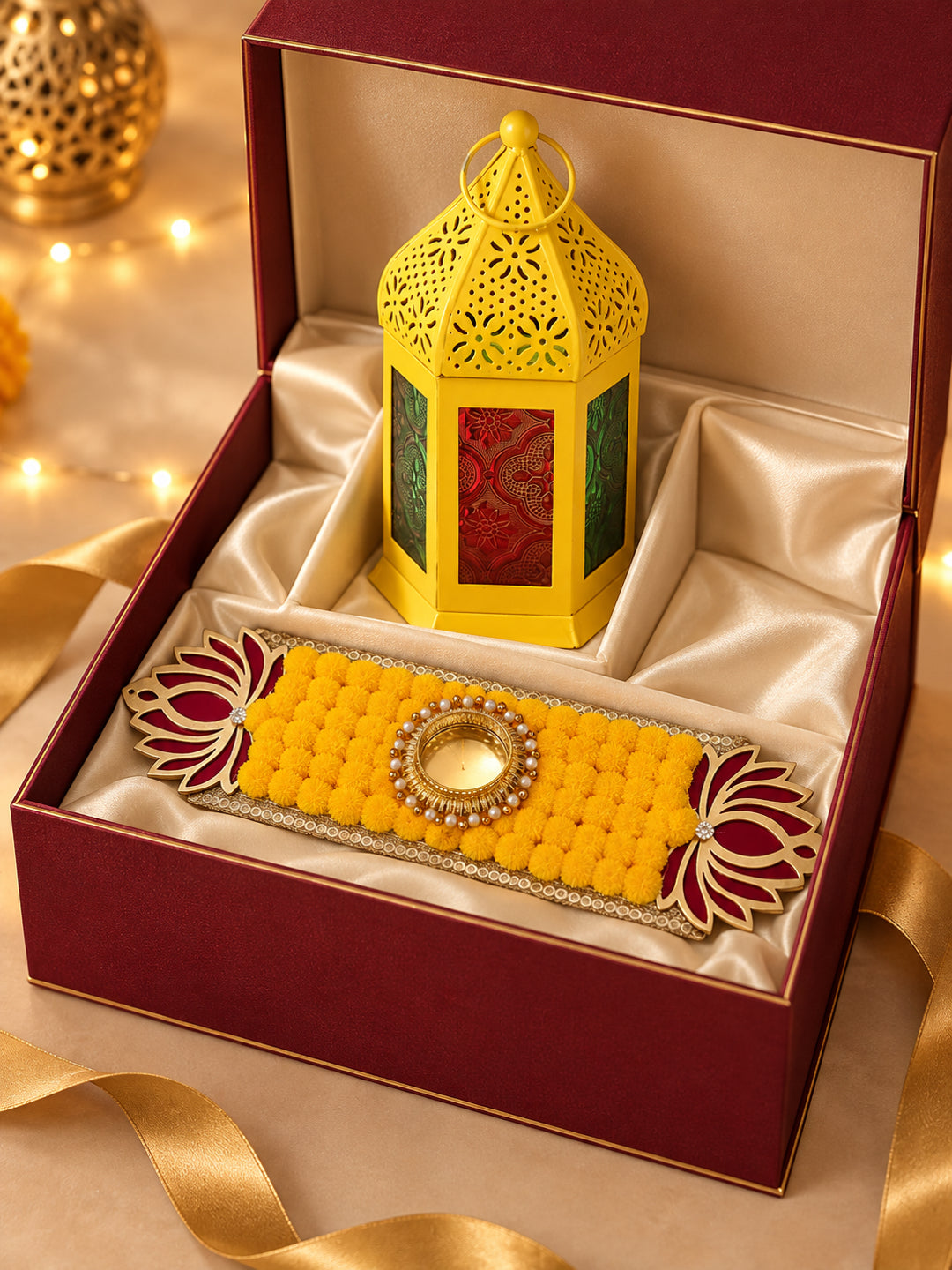 Festive Yellow Metal Hanging Lantern Lamp with Ethnic Embroidered Table Runner Diwali Hamper