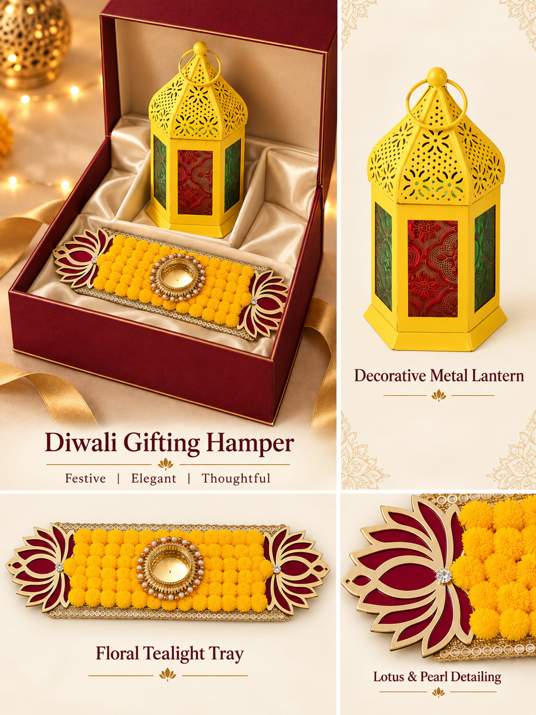 Festive Yellow Metal Hanging Lantern Lamp with Ethnic Embroidered Table Runner Diwali Hamper