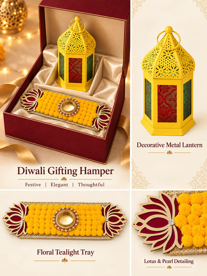 Festive Yellow Metal Hanging Lantern Lamp with Ethnic Embroidered Table Runner Diwali Hamper