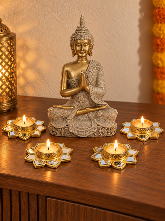 Meditating Buddha Idol with Set of 4 Metal Flower Tealight Diyas Diwali Hamper
