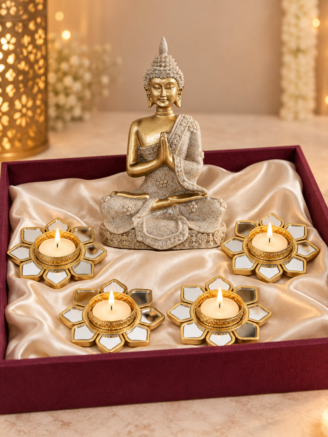 Meditating Buddha Idol with Set of 4 Metal Flower Tealight Diyas Diwali Hamper