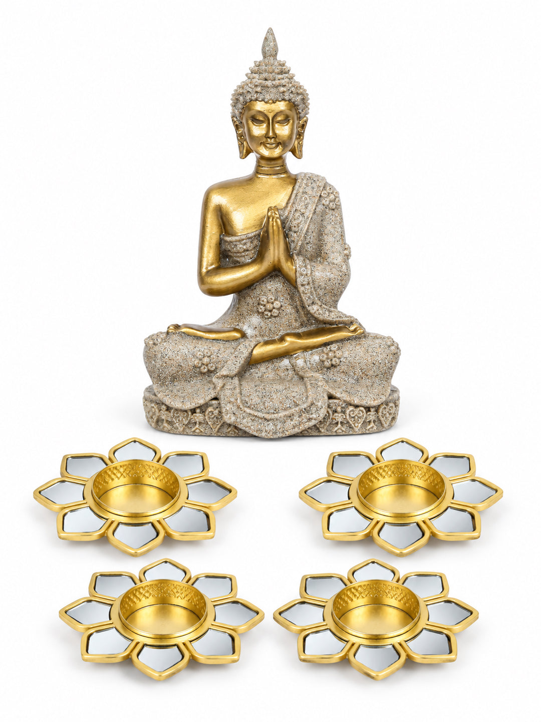Meditating Buddha Idol with Set of 4 Metal Flower Tealight Diyas Diwali Hamper