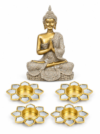 Meditating Buddha Idol with Set of 4 Metal Flower Tealight Diyas Diwali Hamper