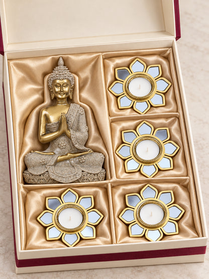 Meditating Buddha Idol with Set of 4 Metal Flower Tealight Diyas Diwali Hamper